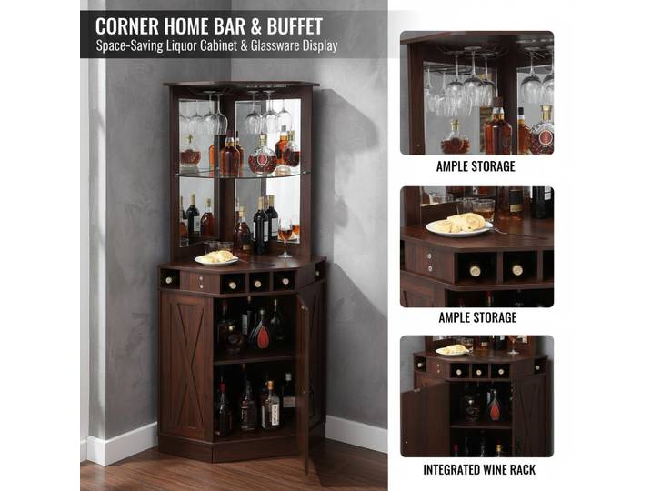 Armoire Bar Industrielle d'Angle, Meuble Bar pour Liqueurs et Verres, Buffet avec Porte-Verres, Grand Présentoir à Vin Automatique