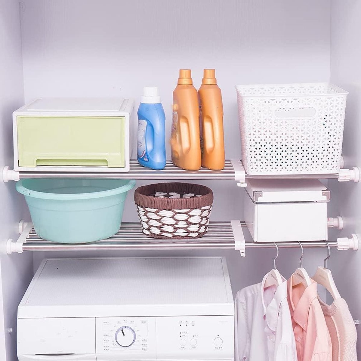 Verstelbare en uitbreidbare opbergrek staaf voor in de keuken, badkamer of garderobekast