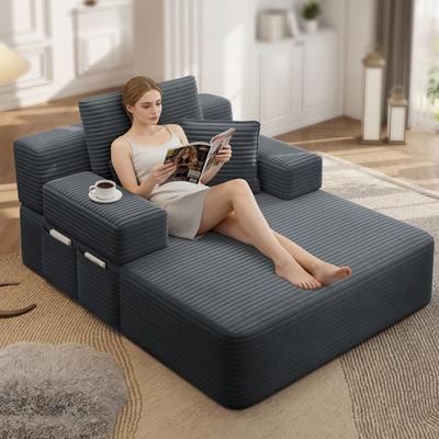 Corduroy Frameless Chaise Lounge Sleeper with Pillows and Storage Pocket