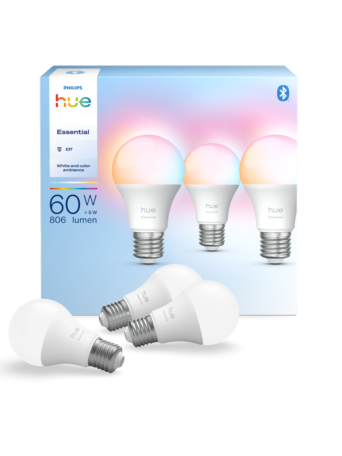 Philips Hue Essential A60 - E27 Smart Bulb - 806 lumen - 8 W - 3 pack