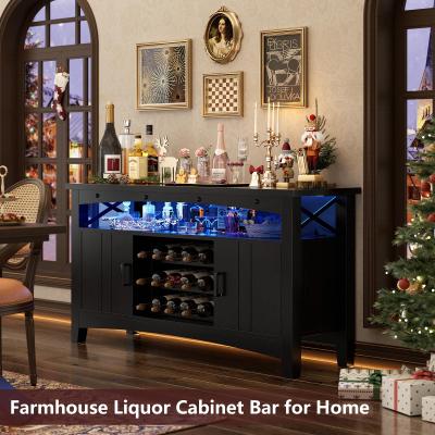Rackcog "Farmhouse 47"" Wine Bar Cabinet with Power Outlets & LED Lights, Industrial Coffee Bar Liquor Cabinet with Shelves & Wine Rack"
