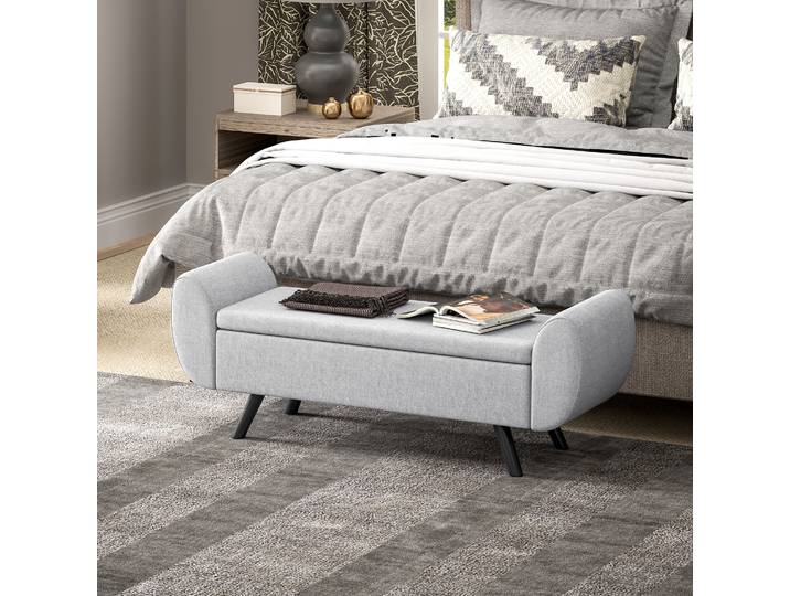 HOMCOM Banc Rangement 53,8L Lin Rembourré avec Accoudoirs Gris