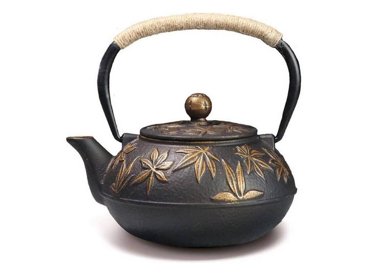 LuxusKollektion Teekanne Teekanne Gusseisen 800ml Asiatisch Edelstahl Gold Ahornblätter
