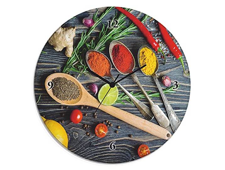 ARTLAND Wanddeko Wanduhr ohne Tickgeräusche Glas Quarzuhr Ø 30 cm Rund Lautlos Küche Essen Kräuter Gewürze Holzoptik H9KD