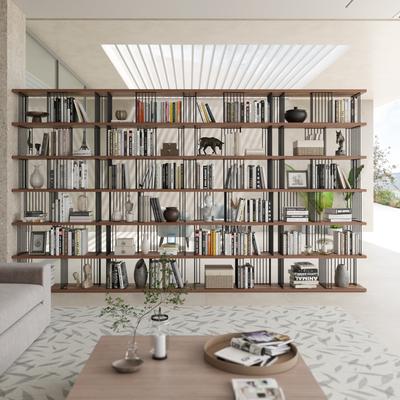 Davee Furniture Extra Long Modern Antique Walnut & Steel Room Divider Bookcase - 189'' x 86.2'' x 11.8''