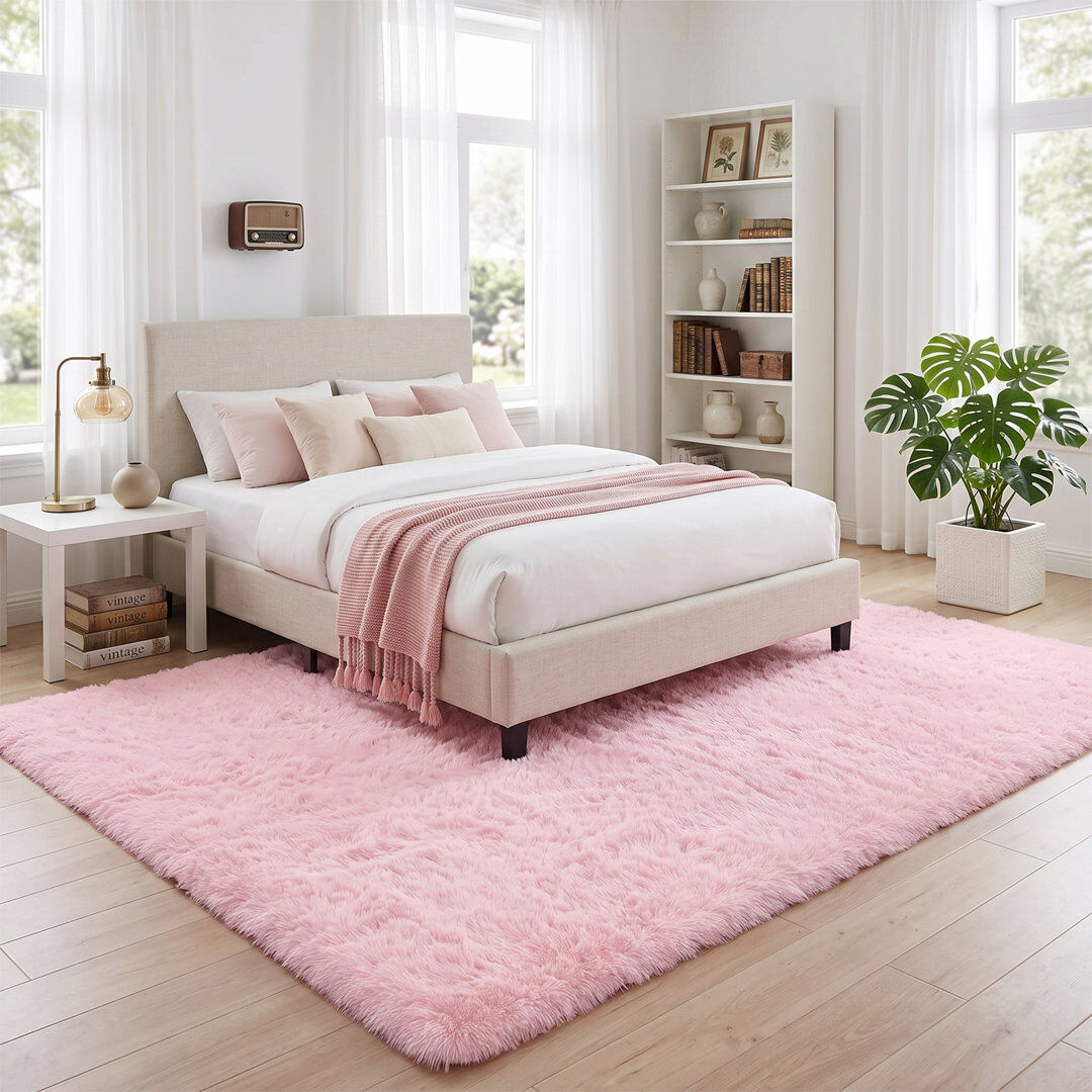 Brayden Studio Deep Pile Fluffy Shaggy Area Rug pink living room rug pink 160*230cm