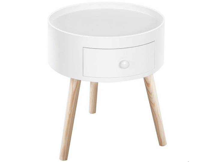 Table basse ronde - SOGEU - Scandinave - Blanc - Bois massif - Tiroir de rangement