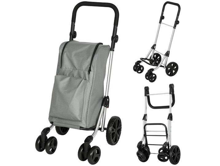Homcom Einkaufstrolley klappbar Einkaufswagen mit Kühlfach, verstellbar Griff Grau, Kunststoff, 44x100x58 cm, Esszimmer, Servierwagen