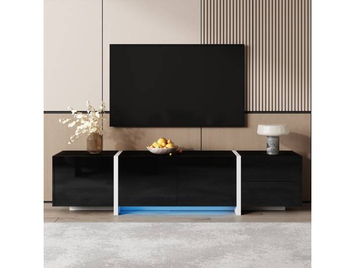 Téléviseur avec armoire basse armoire noire haute brillance avec des jambes blanches contrastantes ainsi que des portes et des