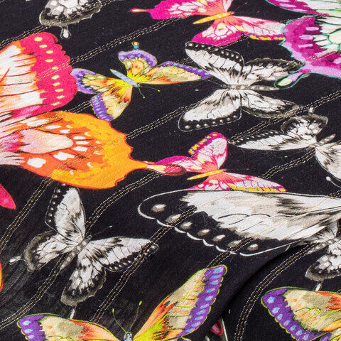 Viskose-Blusenstoff/Javanaise "Glitzer-Schmetterlinge", bunt