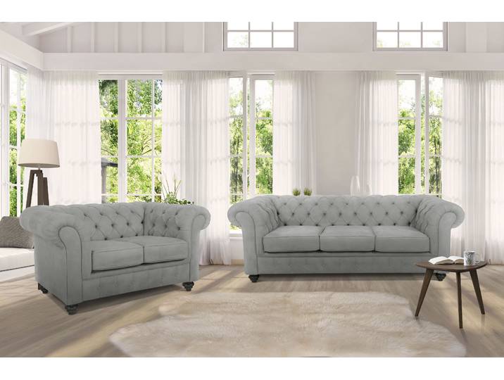 Sitzgruppe HOME AFFAIRE Duc , grau (hellgrau), Samtoptik, Sitzmöbel-Sets, Sitzgruppe, Bestehend aus 2-Sitzer und 3-Sitzer, Knopfheftung im Rücken