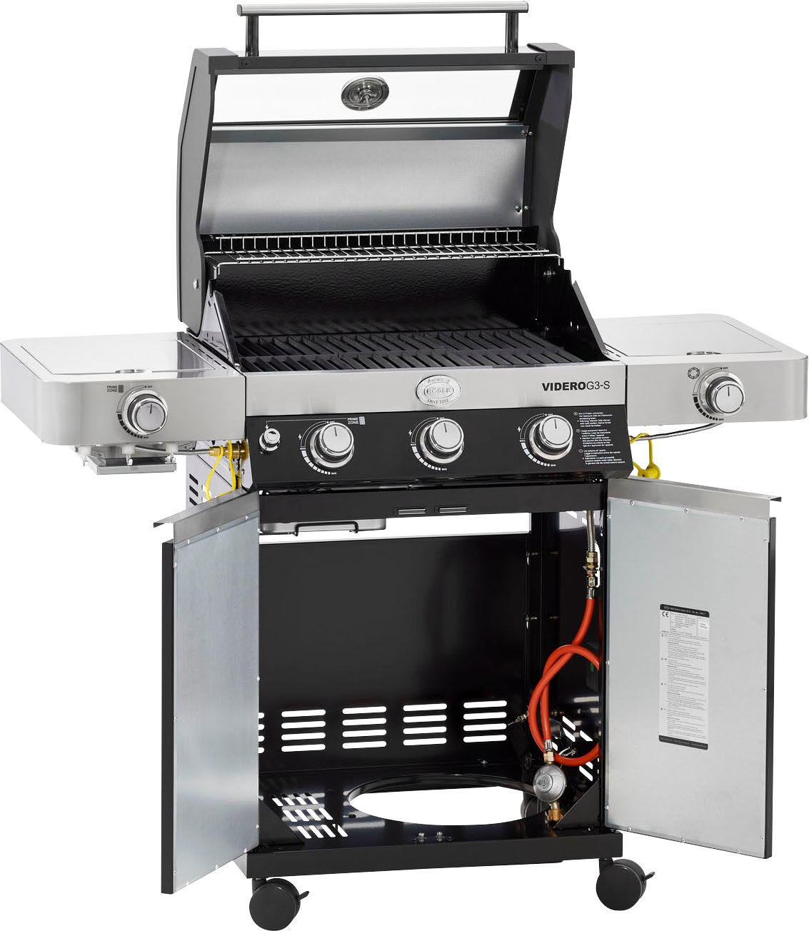 Gasgrill RÖSLE "BBQ-Station VIDERO, 25520", schwarz, B:127cm H:117,5cm T:57cm, Grills, Gasgrill, G3-S Schwarz, 3 Brenner, extra Primezone und Seitenbrenner, VARIO+