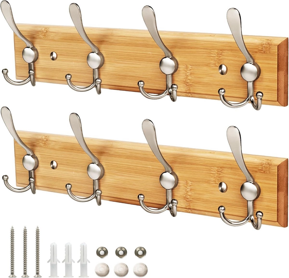 Set van 4 zilverkleurige wandhaken voor kleding van bamboe hout