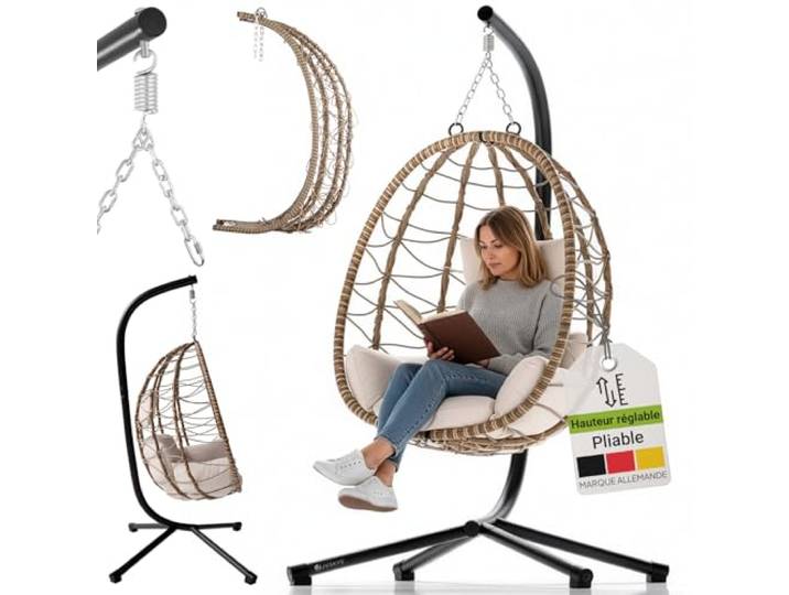 Juskys Fauteuil Suspendu Aria avec Coussin - réglable en Hauteur et Pliable - Balancelle en rotin synthétique pour l'extérieur et l'intérieur - Siège en Osier Beige jusqu'à 130 kg