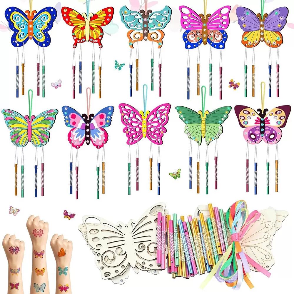 INF DIY Windspiel Set - 10 Schmetterling Holzstücke mit runden Perlen zum Bemalen