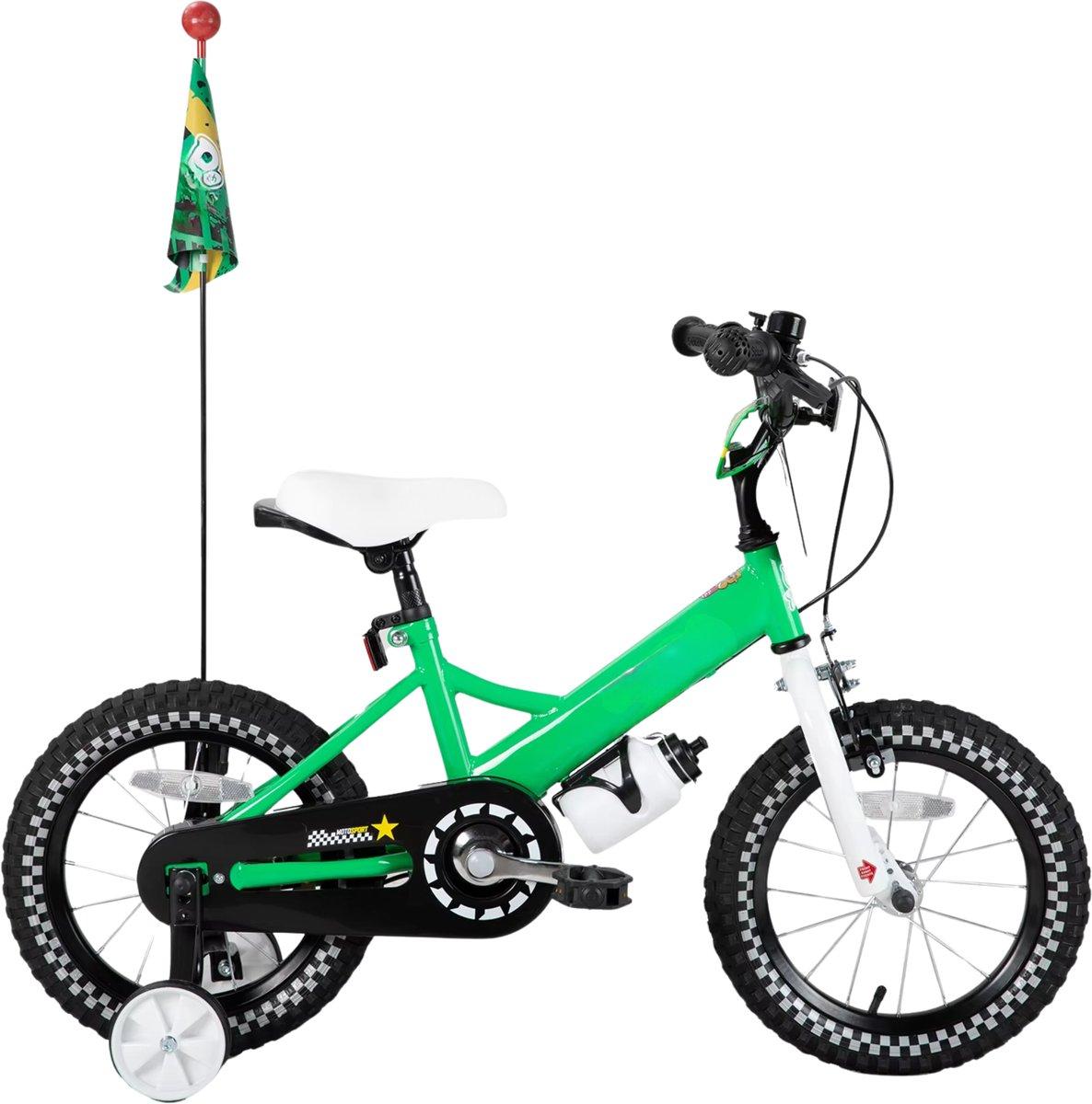 Kinderfahrrad 14 Zoll (35 cm) Unisex - Mit Stützrädern, Korb, Klingel & Puppensitz - Grün