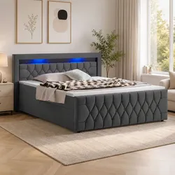 Juskys Boxspringbett Leona Samt 180x200 cm in Grau – mit LEDs, Topper & H4-Federkern-Matratzen
