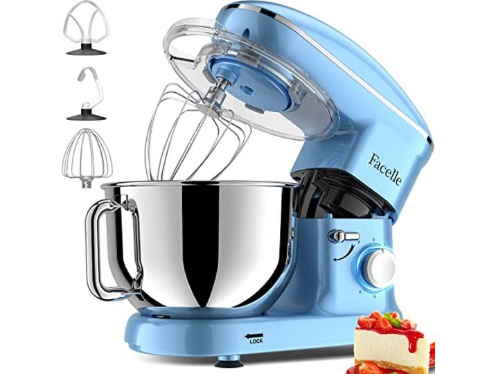 Robot Pâtissier 1500W Facelle Petit électroménager 6\,2L\,avec Crochet Pétrisseur\,Batteur\,Fouet à Fil\,protection contre les éclaboussures\,pour la cuisson\,les gâteaux(Bleu)