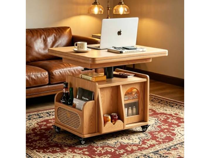 EBOYNSowAprr Höhenverstellbarer Couchtisch mit Stauraum & Rollen Lösung für kleine Räume, multifunktionaler rollbarer Holztisch(Natural)