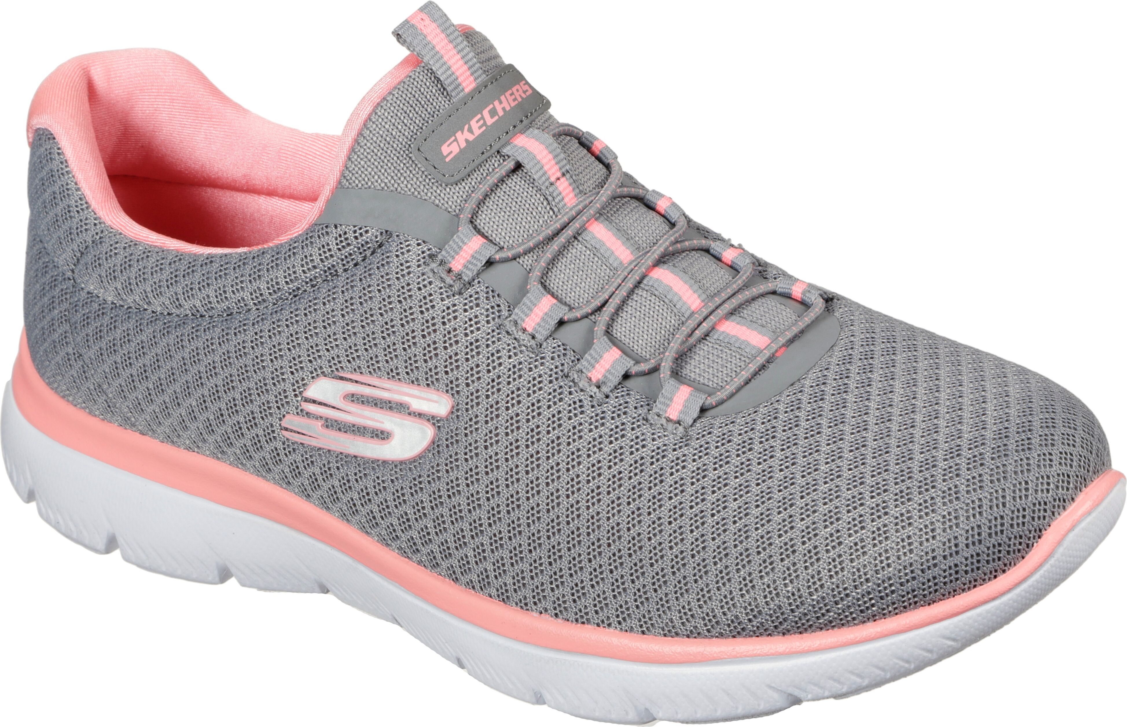 Slip-On Sneaker SKECHERS "SUMMITS", Damen, Gr. 35, Textil, grau (grau, rosa), Schuhe Slip-On Sneaker, Freizeitschuh, Komfortschuh mit stoßdämpfender Zwischensohle