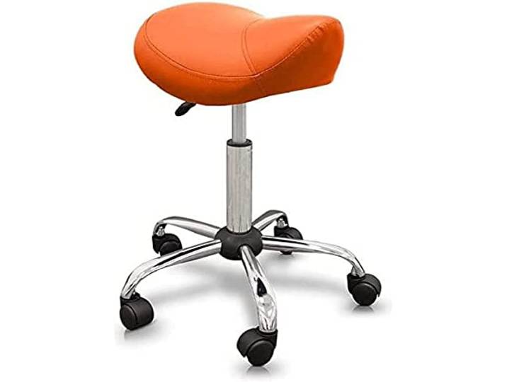 QUIRUMED Pony-Hocker, ergonomisch, mit Stahlgestell, Farbe Orange, Kunstlederpolsterung, höhenverstellbar, gepolsterter Sitz, drehbare Räder, bis 150 kg