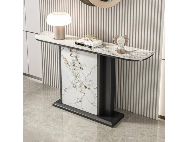 Moderne halbmondförmige Konsole Tisch, wandnaher Akzent-Eingangstisch Sintersteinplatte, platzsparendes Halbmonddesign, italienischer Minimalstil Flurkonsole Tisch(Black Frame‑C,100cm/39.37 )