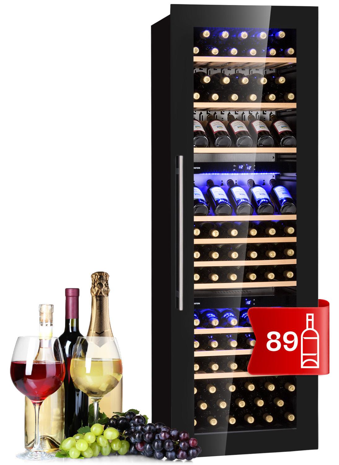 Klarstein Einbau-Weinkühlschrank, 246 L Getränkekühlschrank Schmal, 3 Zonen Weinkühlschrank mit Glastür, Indoor/Outdoor Beersafe, Großer Kühlschrank, 5-18°C, 89 Flaschen