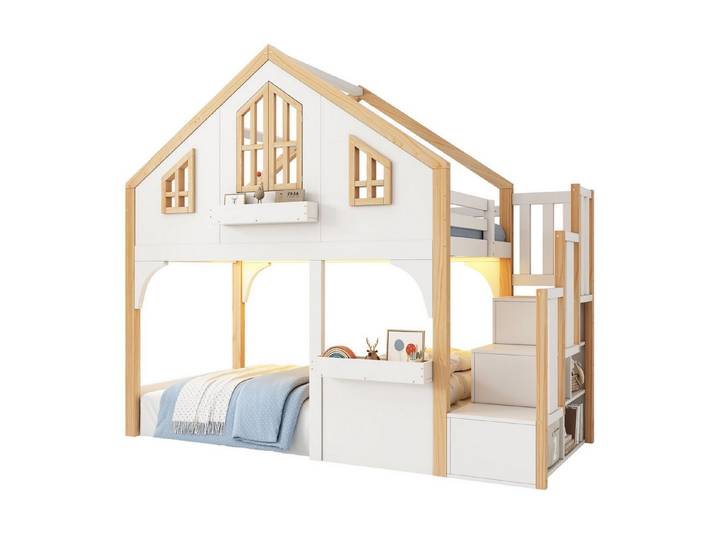 REDOM Hochbett Kinder-Etagenbett mit Fensterdesign & Stauraumtreppe (Packung, 2-St., 90x200 cm in Weiß/Natur, stabiler Holzrahmen & MDF, inkl. LED) Schafft einen magischen Rückzugsort im Kinderzimmer(mit 1 Matratze)