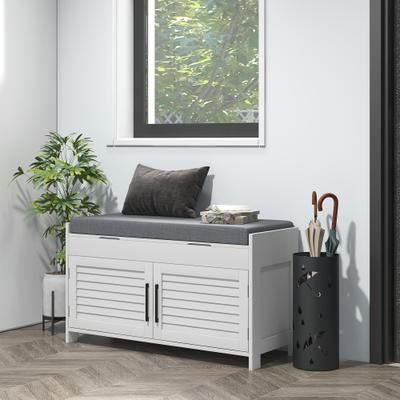 HOMCOM Shoe Bench, Entryway Bench with Shoe Storage, Cushion, Hidden Compartments, Adjustable Shelves and Shutter Doors