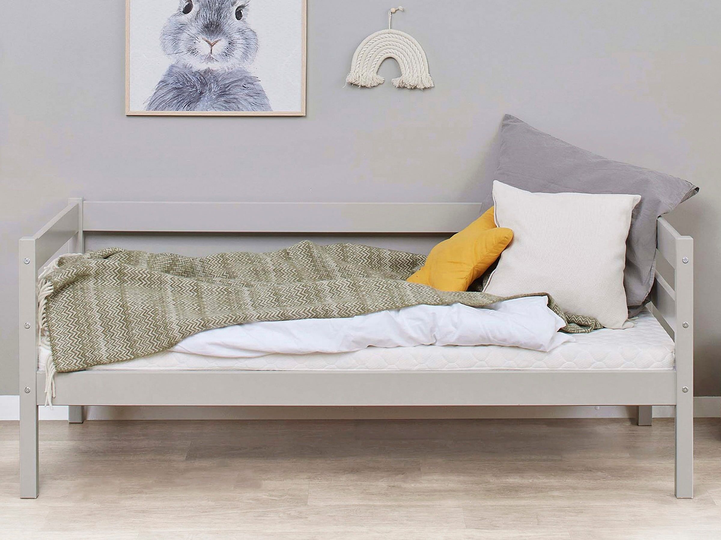 Einzelbett HOPPEKIDS "ECO Comfort Kinderbett, Kiefer Massivholz, Jugendbett inkl. Rollrost", grau (tauben grau), B:76cm H:65cm L:166cm, Kiefer massiv, Betten, Einzelbett, 70x160 cm, wahlweise in verschieden Farben/ Matratze/ Absturzsicherung tauben grau L