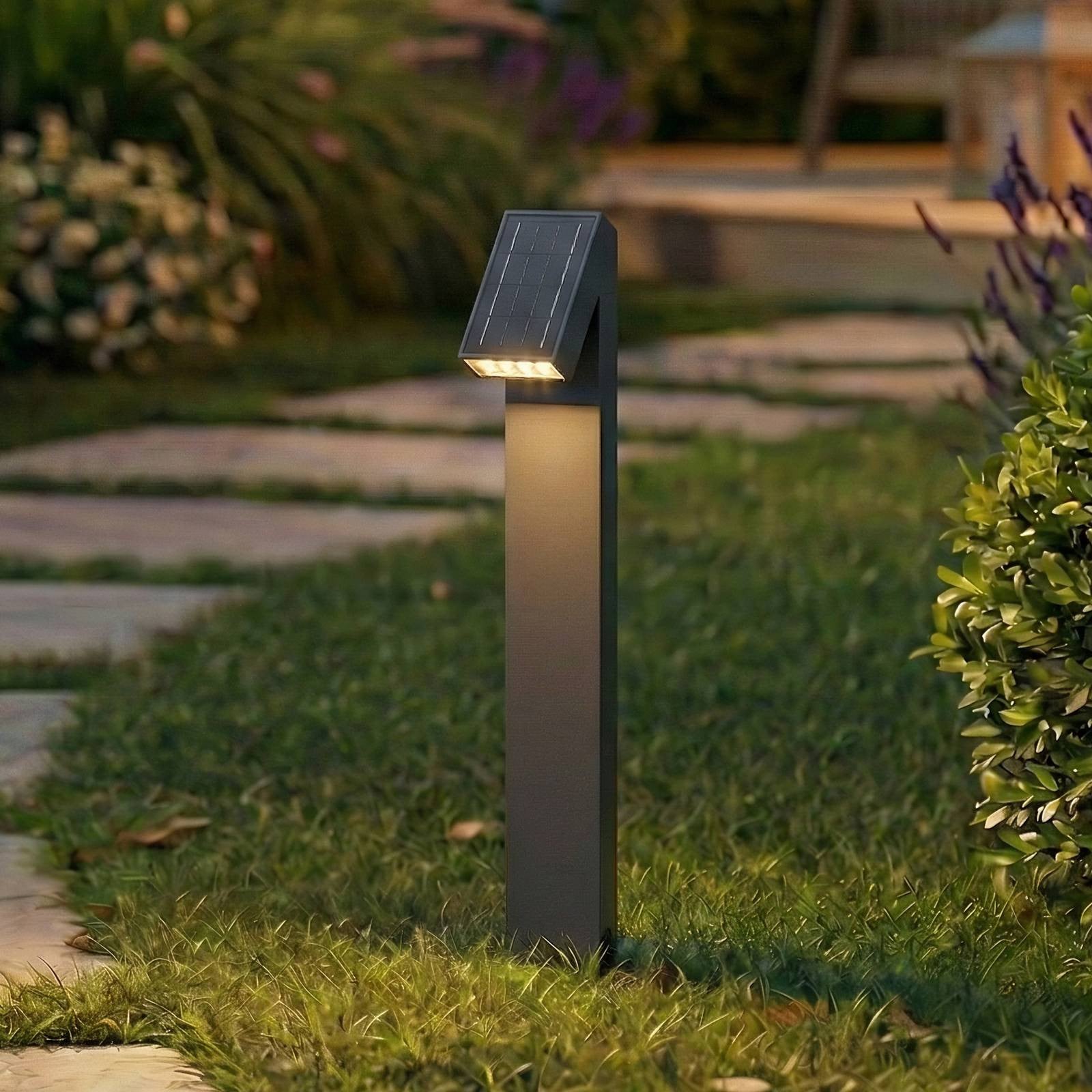 PRIOS Lestor LED-zonnelamp, moderne tuinbollard, zwart, aluminium, dimbaar, IP65, warm wit licht