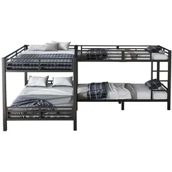 Eisenbett 90x200cm & 140x200cm, Etagenbett mit dreistufiger Leiter in Schwarz für flexible Schlaflösungen