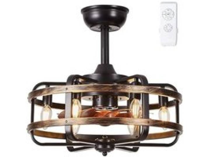 Ventilateur de Plafond avec Lumière Télécommande Industriels Rétro Noir Cage Fer 46cm Silencieux Réversible 3 Vitesses