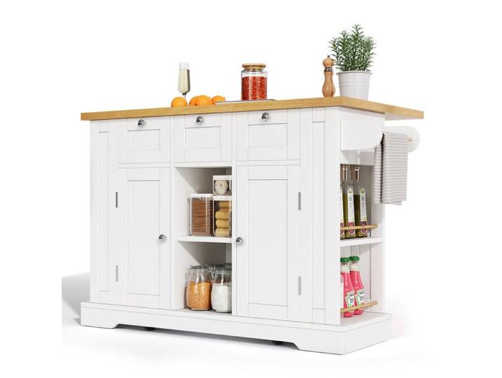 Îlot de cuisine mobile – chariot de cuisine – plan de travail rabattable – blanc et naturel