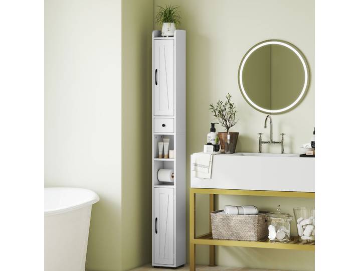 HOMCOM Armoire Haute Salle de Bain 185cm Blanc avec Tiroir