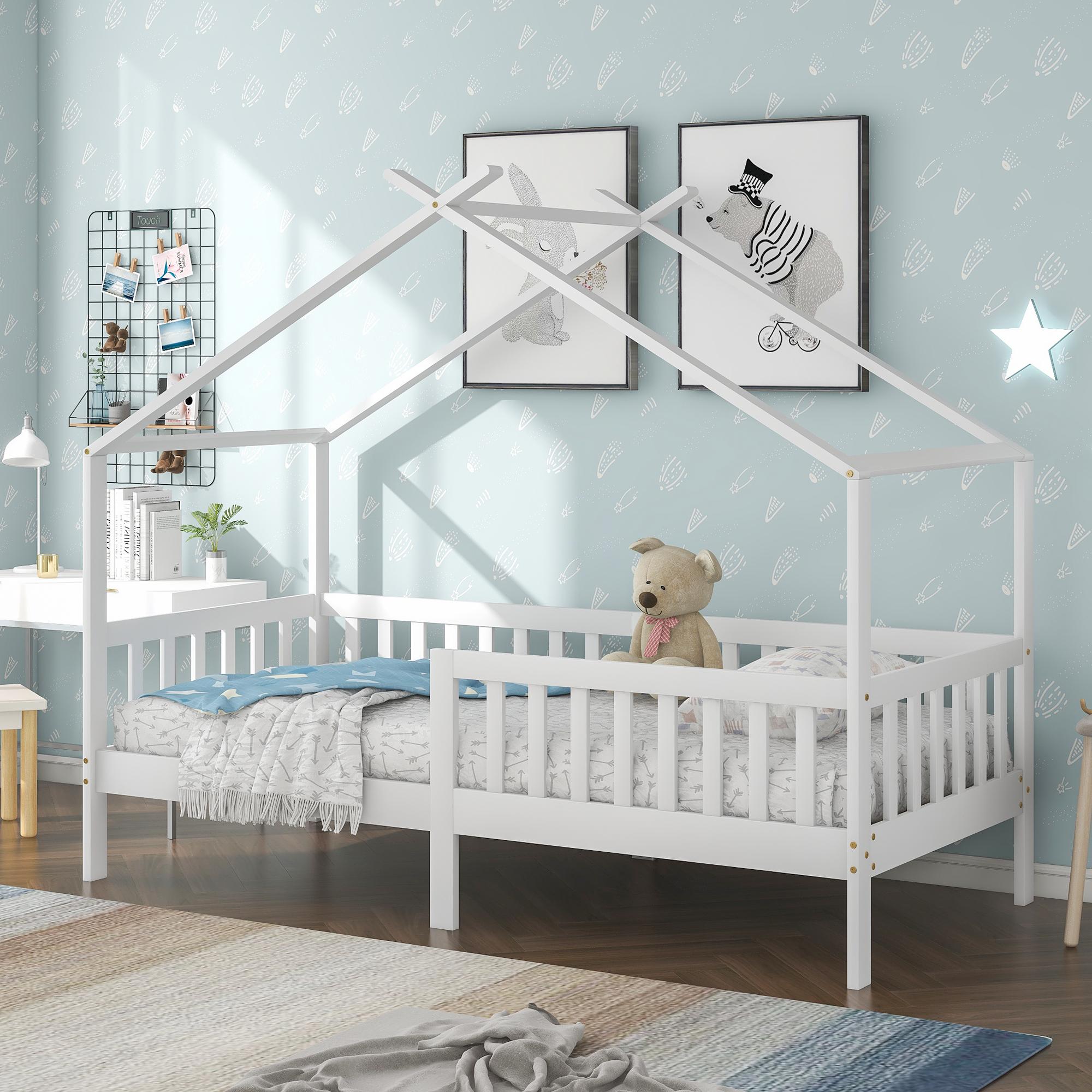 Kinder-/Jugendlichen-Hochbett 200x90cm (Massivholz, weiß): Sicherheitsgeländer, Lattenrost, prächtig