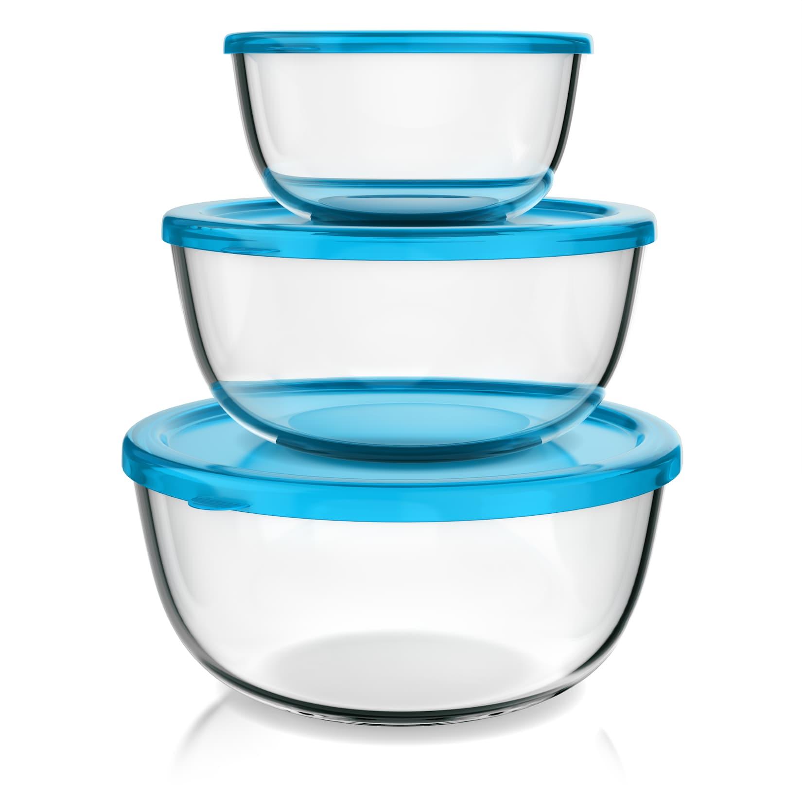 Arendo Salatschüssel, 3er Set mit Deckel, Glasschüssel 1,1L / 2,7L / 4,4L, Glas Rührschüssel, transparent/blau