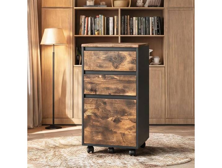 Armoire De Bureau - Meuble de rangement mobile 3 tiroirs en bois d'ingénierie deep black et chêne foncé – Organisation bureau et