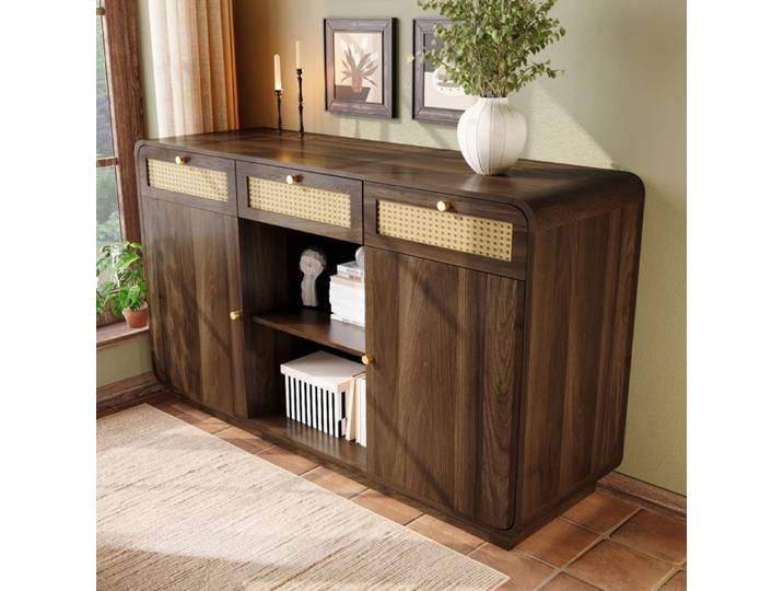 Buffet Bahut Salon Salle à Manger 2 Portes 3 Tiroirs Étagères Réglables Grand Rangement 120x40x85 cm LEMLIT - Noyer