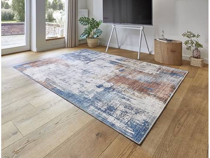 -LUXOR- living Tapis de Salon\, Polino au Design Vintage\, à Poils Courts\, Impression numérique\, Design Intemporel\, 120 x 170 cm\, Bleu-Corail