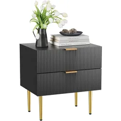 STILVORA Nachttisch MDF/Metall Schwarz 2 Schubladen, moderne Rillenfront