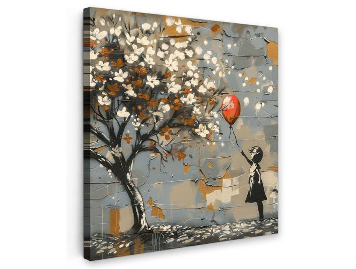 LEINWANDBILD Baum - Graffiti - Banksy-Stil - Ballon-Mädchen Wandbild Wohnzimmer 50x50 cm