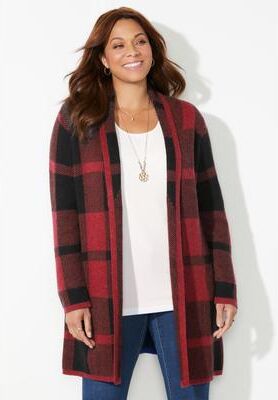 Plus Size Women's Country Village Sweater Cardigan by Catherines in Navy Plaid (Size 5X)
