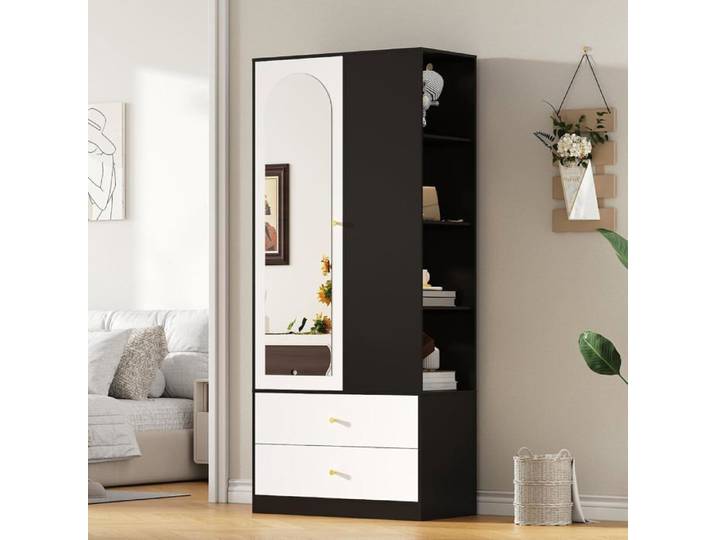 Armoire noire élégante et moderne avec miroir 1 porte 2 tiroirs et 4 crochets 80x40x180cm rangement polyvalente pour chambre