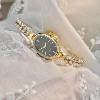 Uplift Essentials Oval Leaf Diamond Bracelet Watch Super Convenient Pull Cord Quartz Timepiece With Nature Inspired Accents black