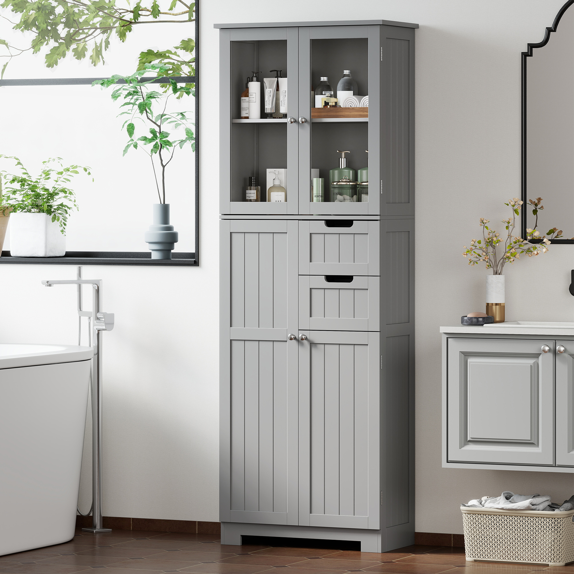 Homcom Mobile da bagno alto, mobile contenitore con 4 ante di cui 2 vetrate, 2 cassetti e ripiani regolabili, bianco   Aosom Italy