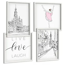 BILDER SET 4er Set - 50x50 cm & 40x60 cm Weißer Rahmen - Stilvolle Grafik, Ballerina-Architektur