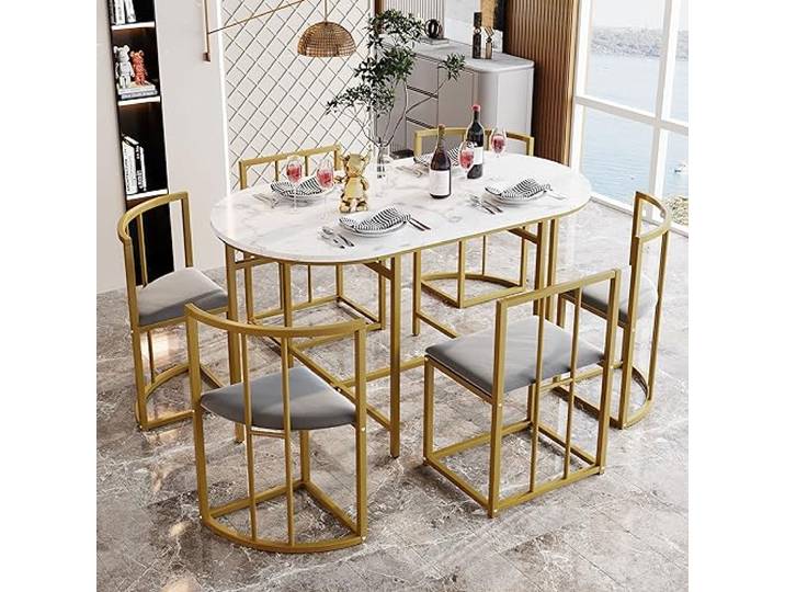 boorbin Esstischset,Weißer Tisch, Stühle mit 6 Rückenlehnen und grauen Polstern, Eisengestell,Esszimmertisch und Stuhlset,Moderne Esstischkombination (Gold)