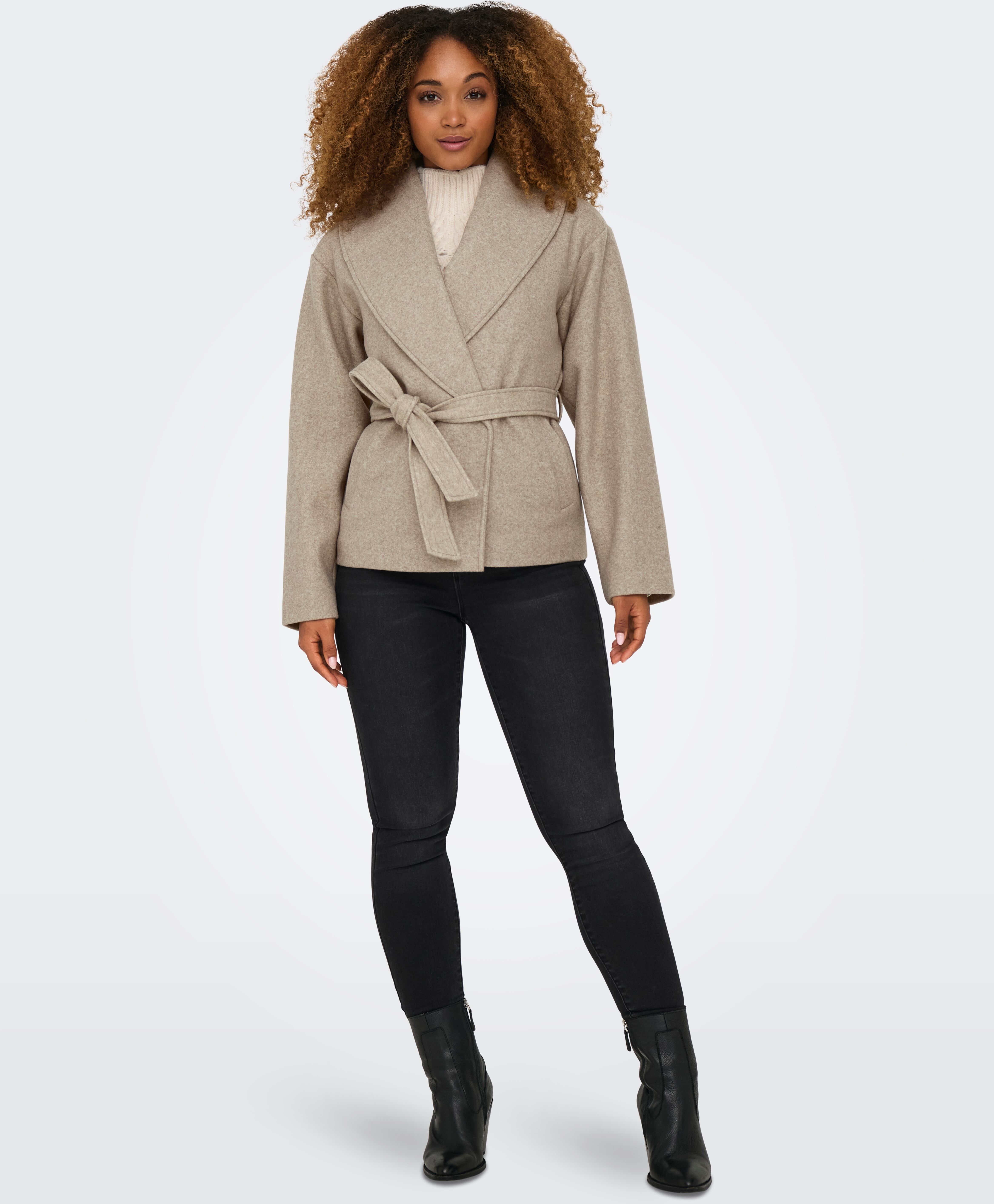 Kurzmantel ONLY "ONLAUGUSTA LIFE SHORT COAT OTW", Damen, Gr. S, grau (fungi detail:melange), Web, Obermaterial: 100% Polyester, meliert, kurz, V-Ausschnitt, Mäntel Kurzmantel, Kunstfaser fungi detail:melange S