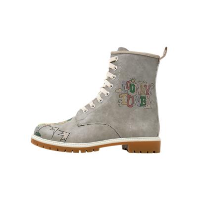 Schnürboots DOGO "Long Boots Schnürstiefel Looney Tunes Ski Club Damen", Damen, Gr. 40, gefüttert, Normalschaft, grau, Lederimitat, Schuhe Schnürboots, Handgefertigt
